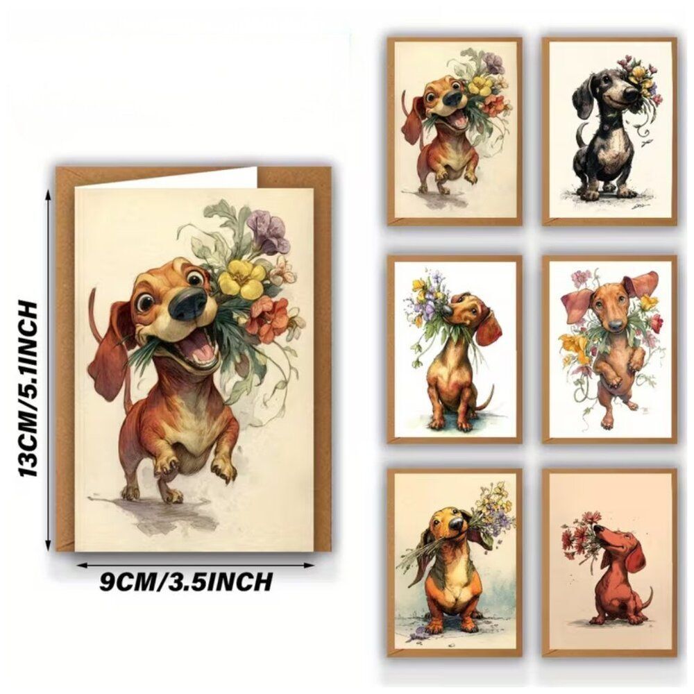 NWT Dachshund Puppy Flower Bouquet Greeting Cards Set 12 Pk 3.5x5 Envelopes Cute - Picture 3 of 8